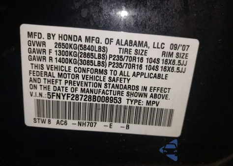 2008 Honda Pilot Ex-L from USA, damaged, VIN 5FNYF28728B008953